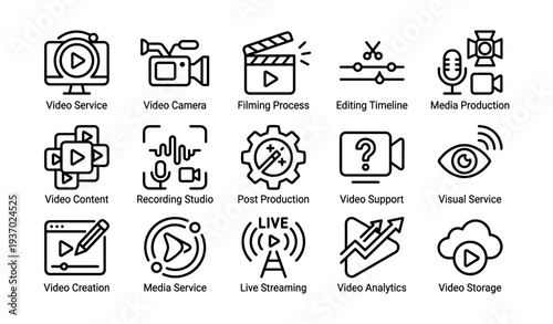 Video production icons set featuring camera, editing, streaming, and media tools