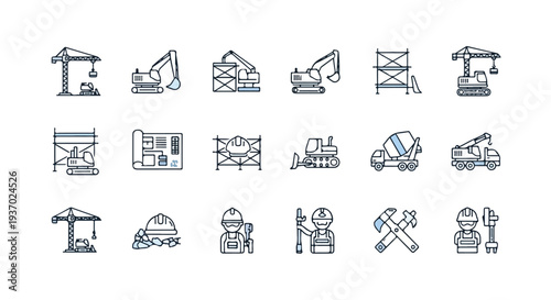 A set of simple line icons featuring construction machinery, tools, workers, and site elements, representing the building and heavy industry sector.