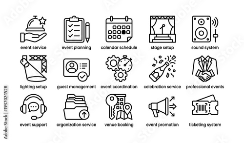 Event management icons set featuring planning, scheduling, and coordination services