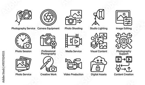 Photography services and equipment icons set