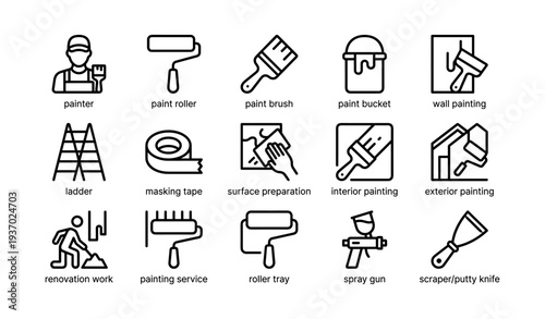 Icon set depicting painting tools and renovation processes