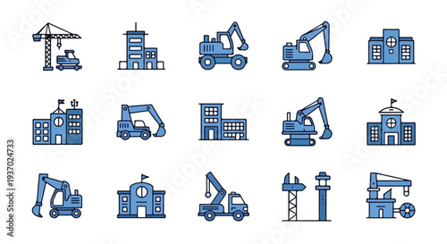 A collection of blue-toned vector icons depicting various construction vehicles like excavators and cranes, alongside diverse building types.