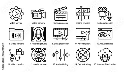 Video production icons set featuring camera, clapperboard, editing, and media elements