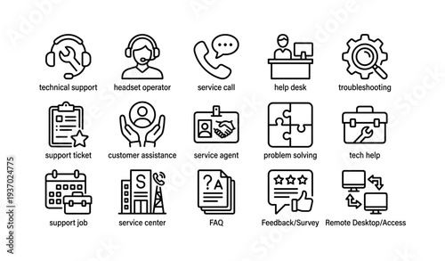 Technical support icons: troubleshooting, service, customer assistance, help desk