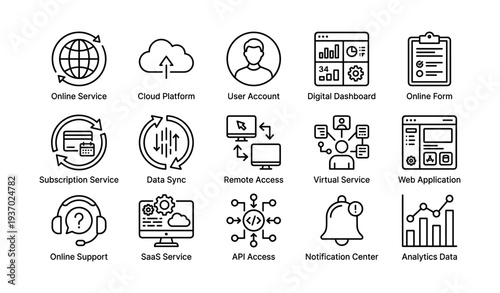 Cloud services and digital tools: dashboard, analytics, api, and virtual support icons