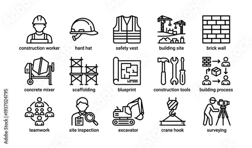 Construction icons set: worker, tools, safety gear, building site elements