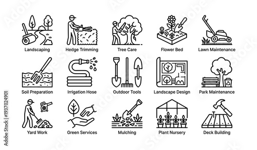 Landscaping icons: gardening, tree care, irrigation, and lawn maintenance illustrations