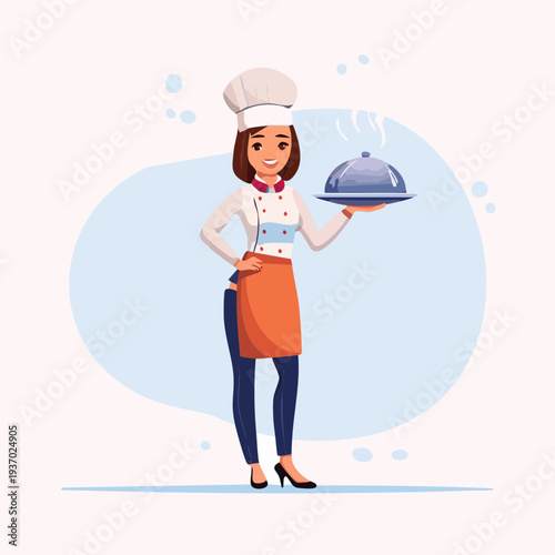 Smiling female chef holding a covered dish
