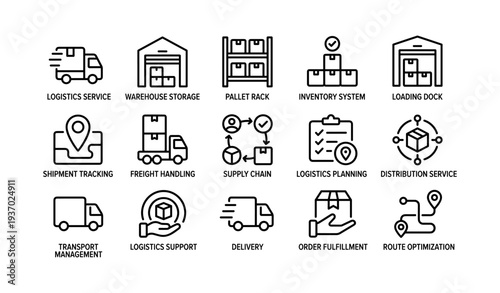 Logistics icons: warehousing, distribution, transport, inventory, optimization