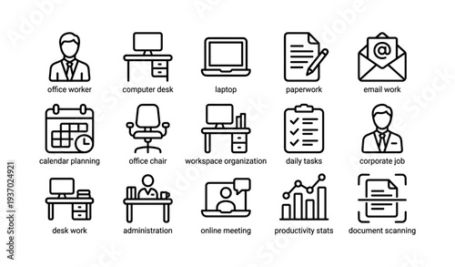 Office icons set: technology, organization, and remote work