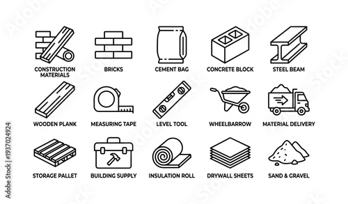 Construction materials illustration: bricks, cement bags, and tools