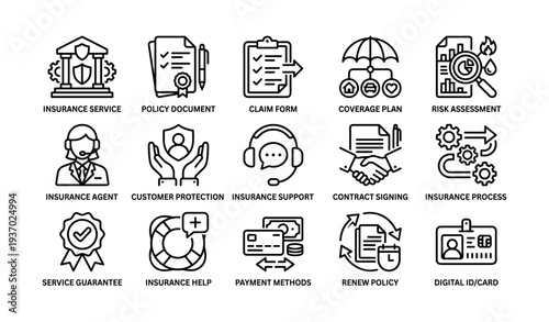 Insurance services icons: policy, claim, risk, agent, contract, protection, payment, digital id