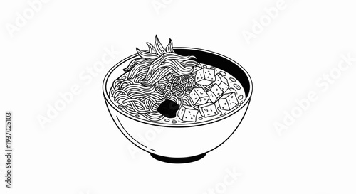 A black and white illustration of a bowl filled with noodles and cubed ingredients