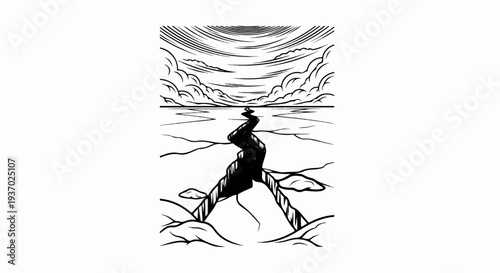 Stylized monochrome depiction of a fractured icy landscape under a dramatic sky