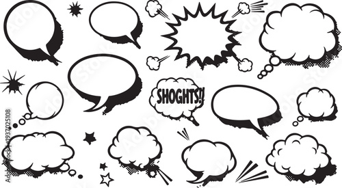 Set of retro empty comic bubbles and elements with black halftone shadows