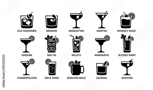 Cocktail icons: old fashioned, martini, negroni, daiquiri, margarita, more