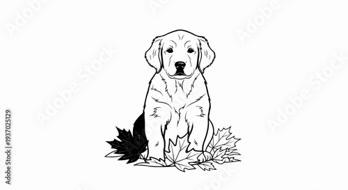 A black and white line drawing of a young dog sitting on fallen maple leaves