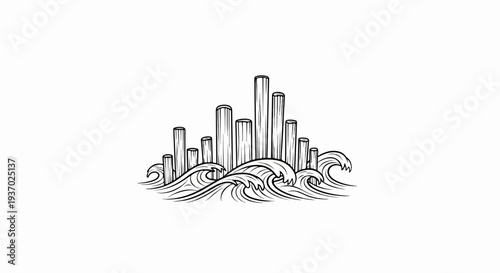 Stylized sketch of cylindrical shapes rising from ocean waves