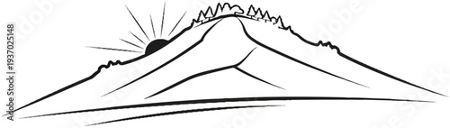 Stylized sketch of a mountain peak with a rising sun and trees