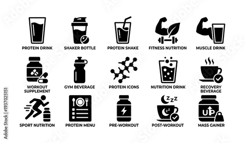 Fitness nutrition icons: shaker, protein, supplements, pre-workout, recovery