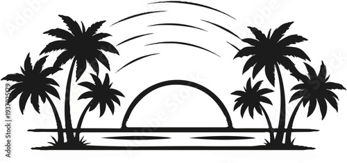 Tropical sunset over ocean with palm trees and stylized sun rays