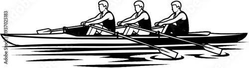 Three individuals in a rowing boat on water, oars extended