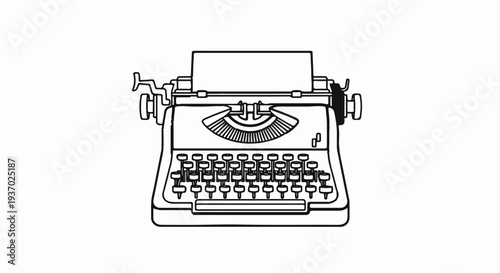 A classic black and white line drawing of a vintage typewriter