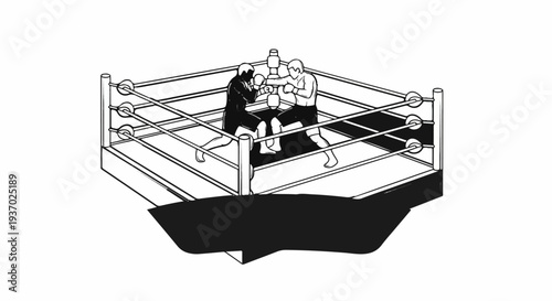 Two boxers clash in a boxing ring, silhouetted against a white background