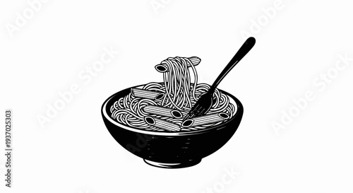 A black and white illustration of a bowl brimming with pasta and a fork