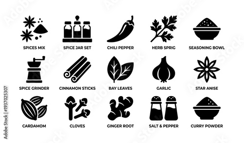 Collection of spice icons: chili, herb, seasoning, grinder, cinnamon, bay leaves, garlic, anise