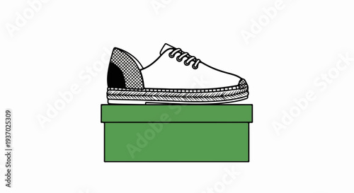 A white espadrille shoe with laces sits atop a green box