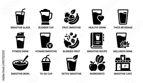 Variety of smoothie icons featuring blender, glasses, fruits, and wellness themes