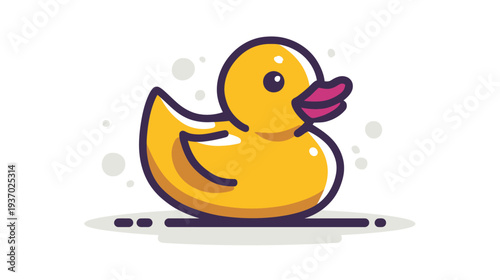 A charming, bright yellow cartoon rubber duck with dark purple outlines and pink beak