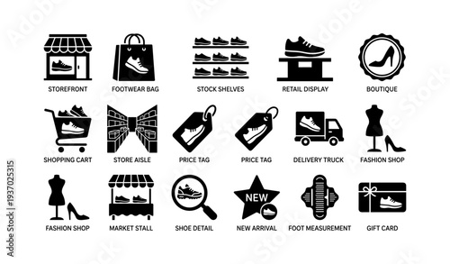 Shoe shopping icons: storefront, retail display, fashion shop, footwear bag, price tag