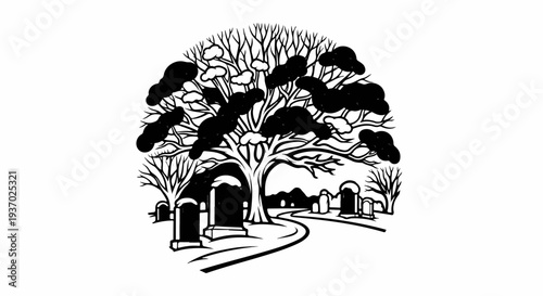 A black and white illustration of a graveyard under a large tree