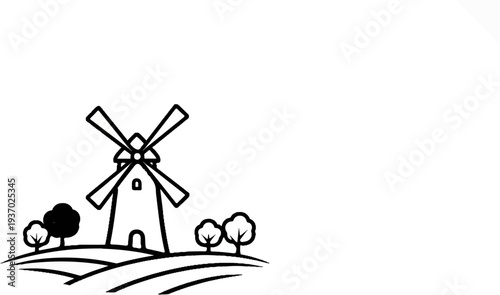 Black and white illustration of a windmill with trees on rolling hills