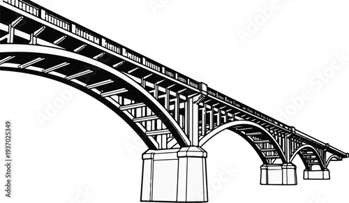 A detailed black and white illustration of a multi-arch bridge against a white background