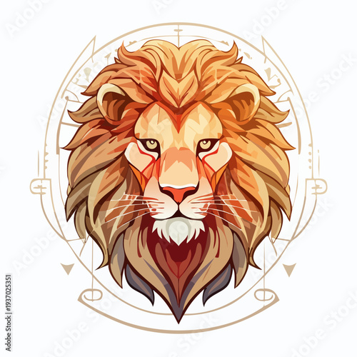 Stylized lion head illustration with zodiacal symbols