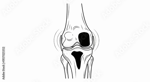 Anatomical illustration of a distressed knee joint with dark lesions
