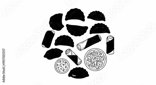 A circular arrangement of diverse food items, including dumplings, mini pizzas, and spring rolls