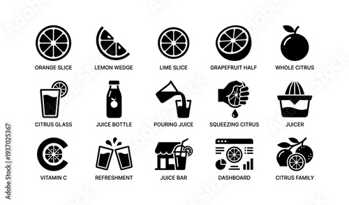 Citrus icons set: lemon, lime, orange, grapefruit, juicing, vitamin c