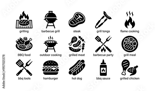 Barbecue icons set: grill, steak, tools, flame cooking, bbq party essentials