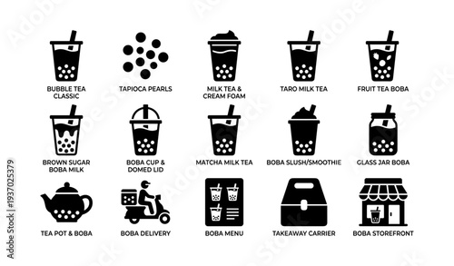 Variety of boba tea icons featuring classic, milk tea, and delivery options