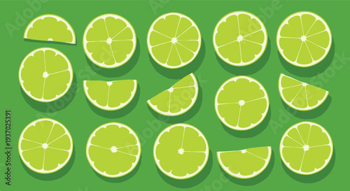 Fresh lime slices on green background for food and beverage concepts