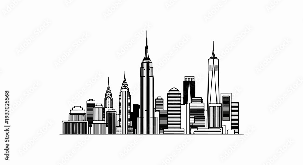 Obraz premium A striking black and white illustration of a famous city skyline with distinct architectural styles