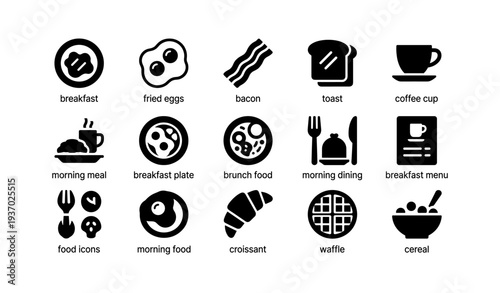 Breakfast icons: fried eggs, bacon, toast, coffee cup, waffle, croissant, cereal