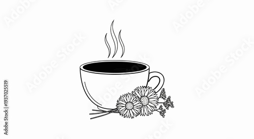 A steaming cup of coffee rests beside a small bouquet of daisies