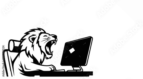 A roaring lion sits at a computer, paws on the keyboard, in a black and white illustration