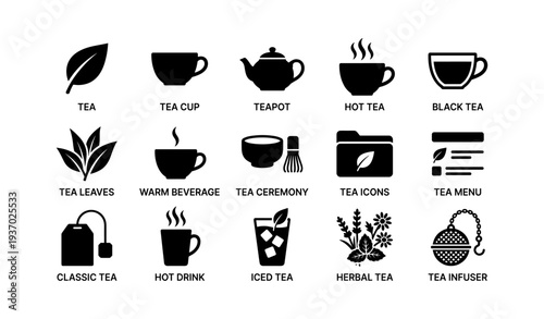 Tea icon set featuring teapots, cups, leaves, and herbal infuser designs