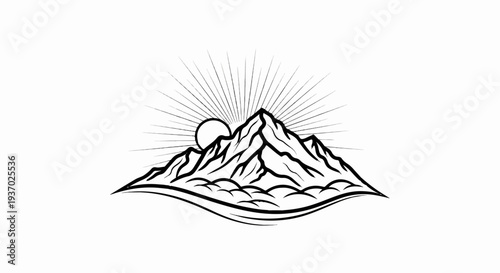 Stylized mountain peaks with a sunburst and wavy foreground